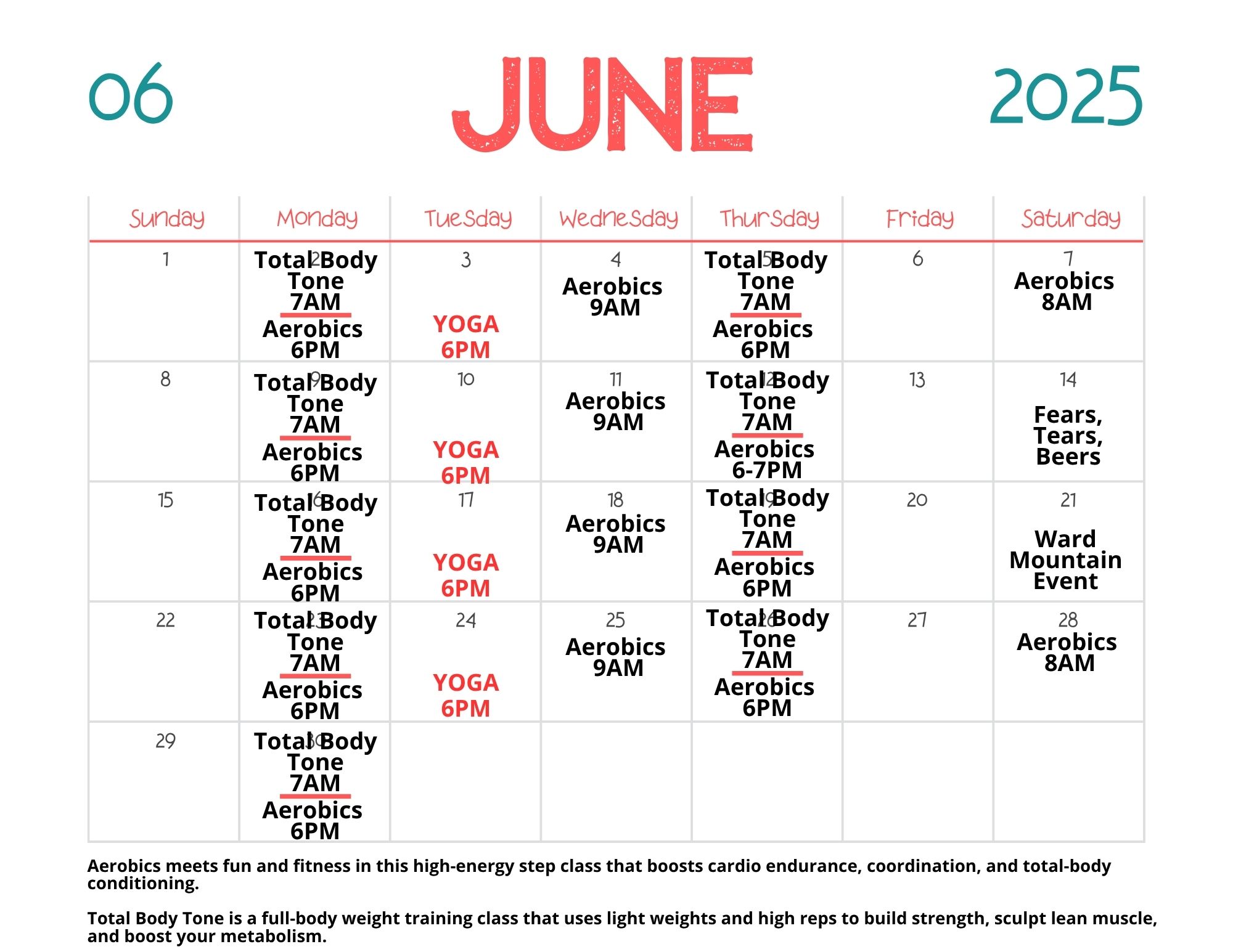 June aerobics with yoga June Aerobics with Step Class, Total Body Tone and Yoga