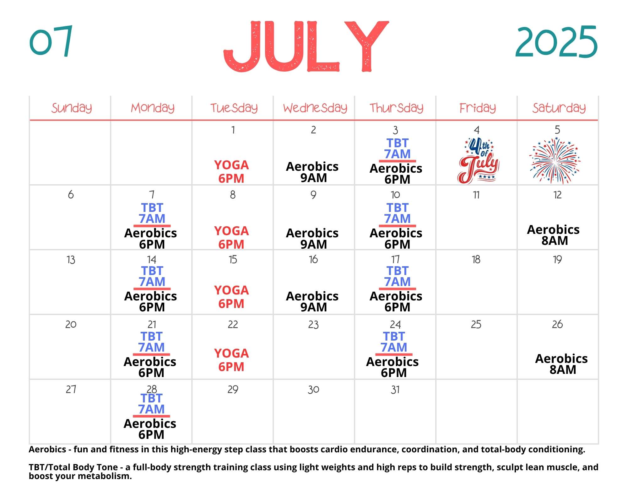 2025 July Fitness calendar only Ely Fitness Calendar